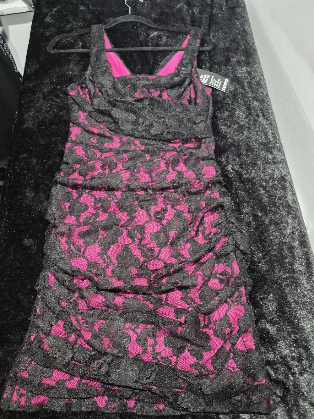 Express Pink Sheath Dress with Black Lace Overlay